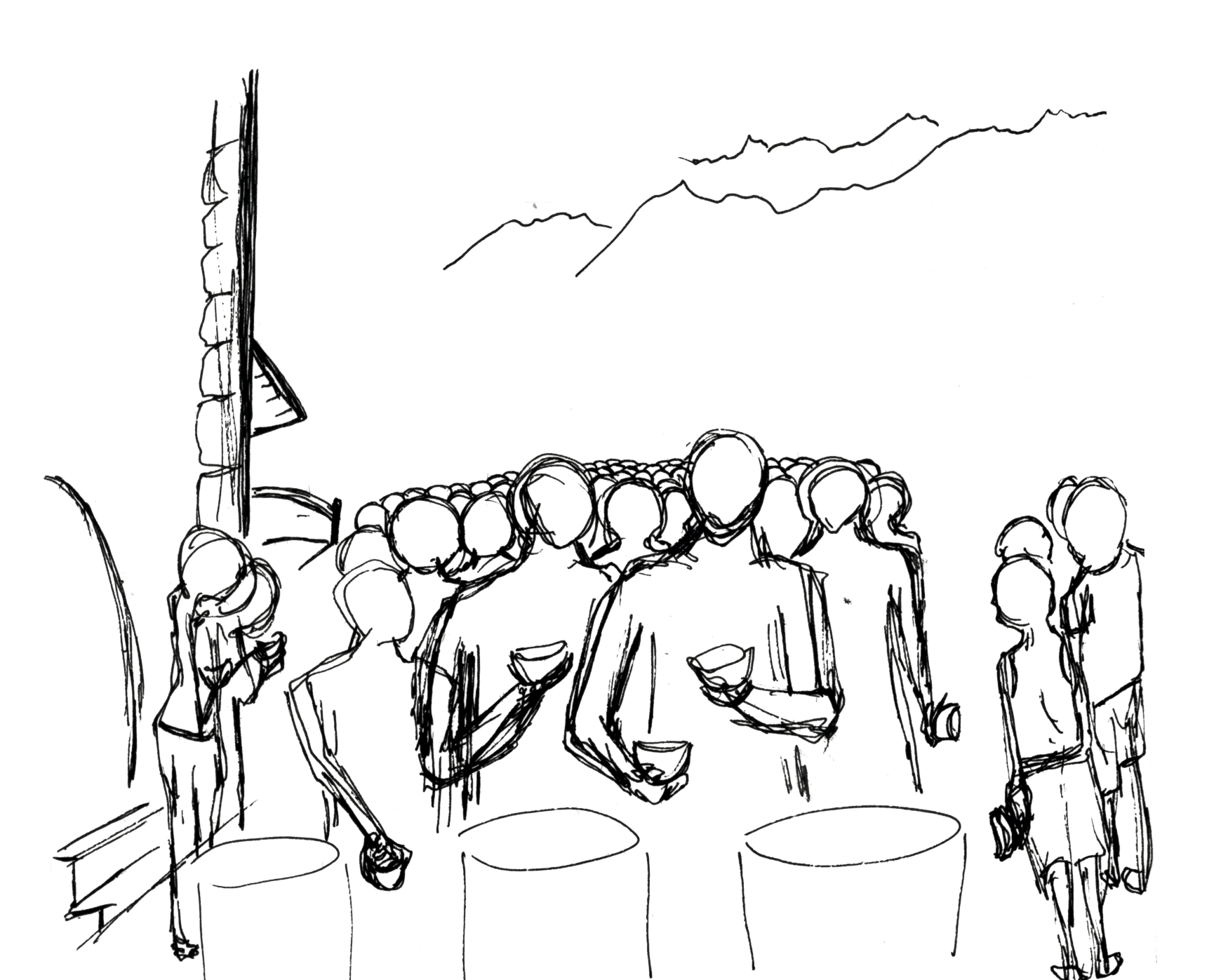 Dessin de nombreuses silhouettes regroupées avec des bols vides devant des marmites