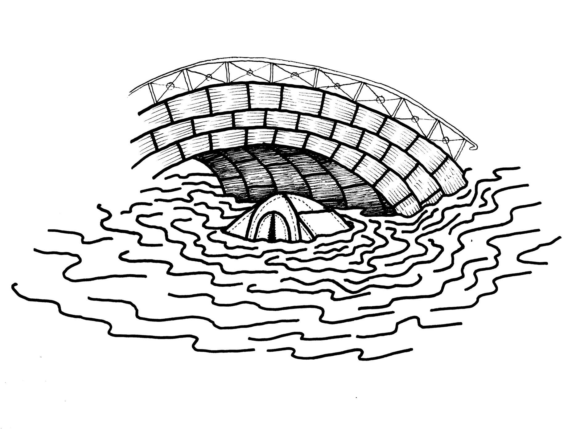 Gravure d'une tente noyée dans une inondation